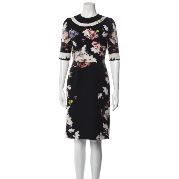ERDEM Ivy Black Floral Half Sleeve Scuba Dress - US Size 6 - Picture 1 of 11